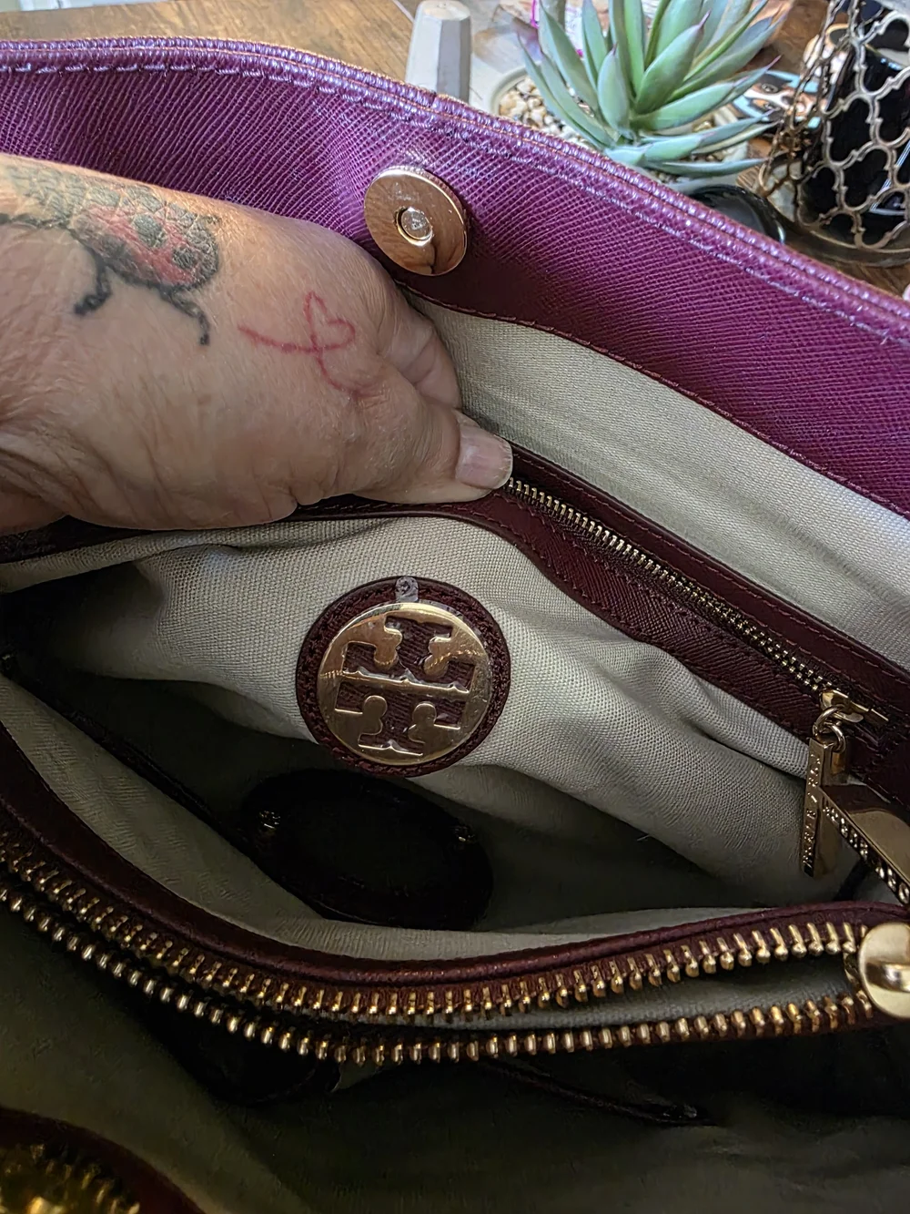 Tory Burch Plum Leather Double-Handle Tote with Gold Logo